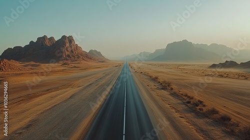 Desert landscape with a long road stretching into the horizon.