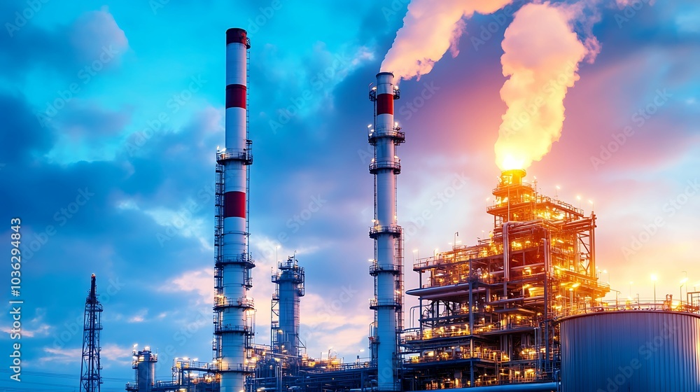 Obraz premium A large oil refinery with illuminated towers emitting smoke at dusk, highlighting industrial energy production against a vibrant sky.