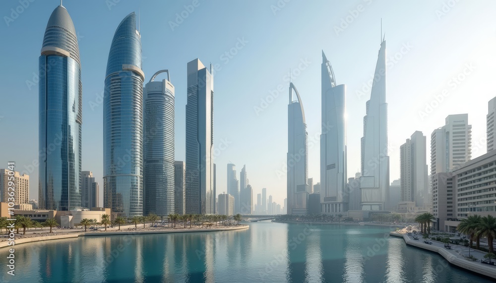 Obraz premium Modern cityscape with reflective water and towering skyscrapers
