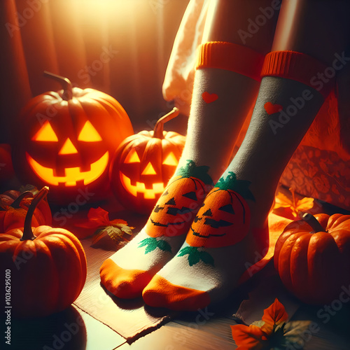 Pies con calcetines decorados con temática de Halloween. photo