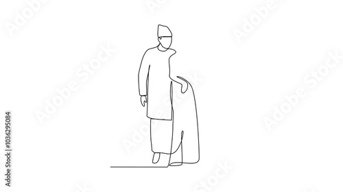 
Animated self drawing of Wedding ceremony video design illustration. The bride and groom with wedding traditional country costume design illustration in simple continuous line style video concept.