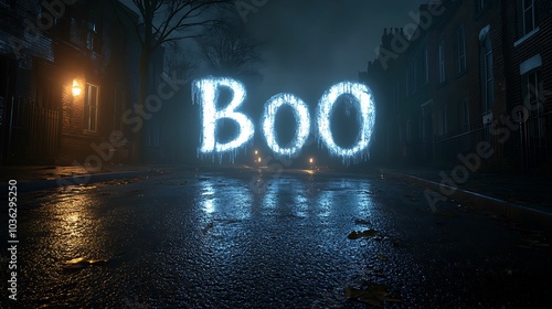 Mysterious glow of halloween a spooky night with 'boo' illuminated on a wet street under eerie fog, boo text halloween eerie photo