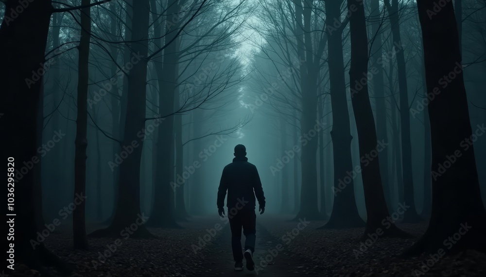 Lone wanderer in a mysterious forest Lone wanderer in a mysterious forest