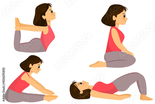 Clipart set of a series of yoga and meditation moves done by a woman