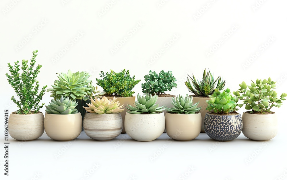 Modern aesthetic featuring elegant ceramic planters with an array of succulents and leafy plants, styled on a pure white background for a minimalist feel Modern aesthetic featuring elegant ceramic planters with an array of succulents and leafy plants, styled on a pure white background for a minimalist feel