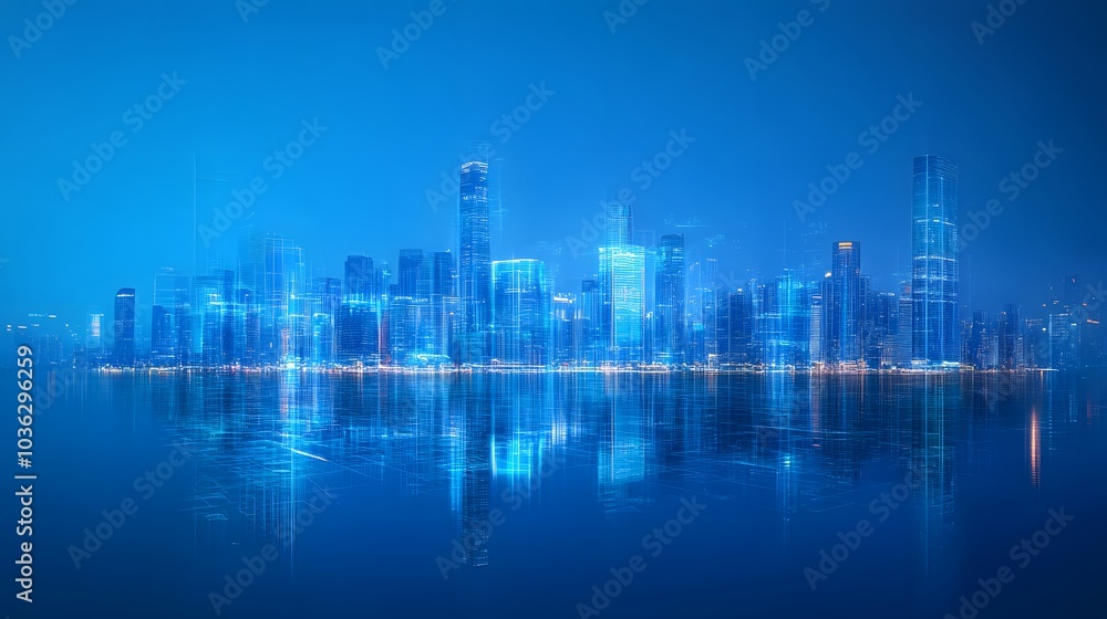Fototapeta premium Xiamen blue tone skyline synthesized by particle lines. 