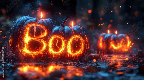 Spooky 3D Boo text with floating candles in a dark eerie Halloween setting featuring a moody mysterious atmosphere with hints of the supernatural and occult