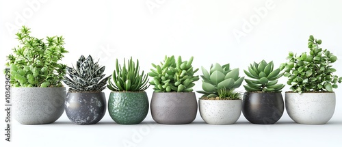 Stylish modern botanical arrangement of chic ceramic planters filled with diverse succulents and leafy plants, set on a clean white background for a minimalist look