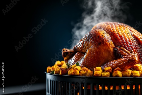 A hyper-realistic close-up of a Thanksgiving turkey fresh out of the oven, with crispy skin and steam rising from the juicy meat photo