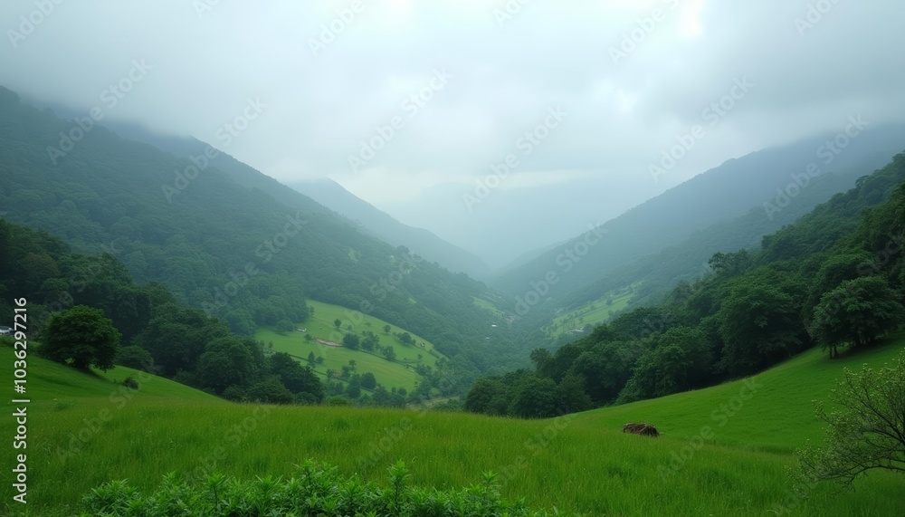 Tranquil Valley A serene landscape under a cloudy sky Tranquil Valley A serene landscape under a cloudy sky