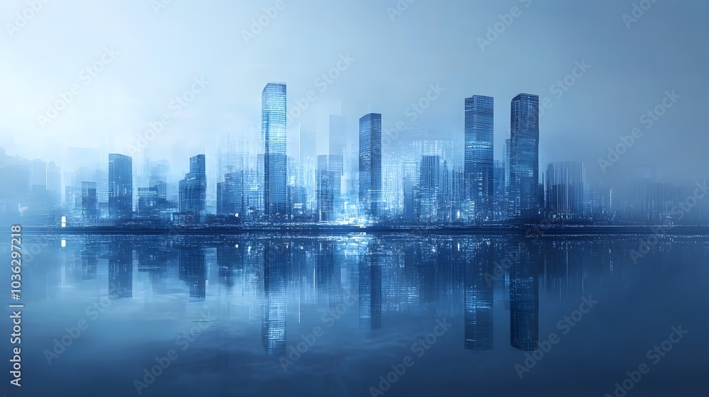 Fototapeta premium Xiamen blue tone skyline synthesized by particle lines. 