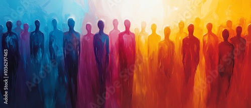 Abstract scene of a diverse crowd with stylized figures merging and overlapping in motion, representing unity and community through vibrant contrasting colors