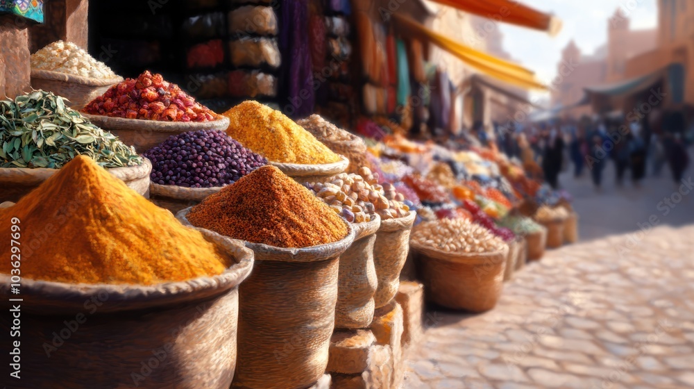 A vibrant market scene filled with colorful spices displayed in baskets, inviting exploration and discovery.