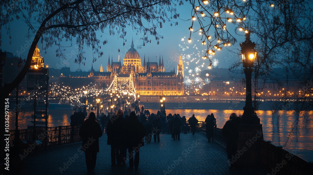 Fototapeta premium Celebrating New Year's Eve by the river in Budapest with fireworks and holiday lights