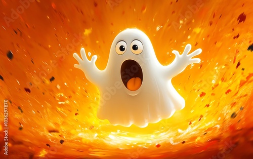 Charming cartoon ghost with an exaggerated surprised expression, hovering before a vivid orange background, perfect for playful Halloween designs photo