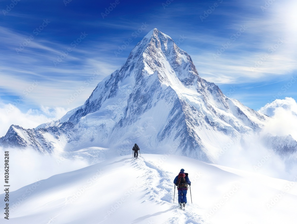 Two climbers trek through snowy terrain towards a majestic mountain peak under a bright blue sky, showcasing adventure and the beauty of nature. Two climbers trek through snowy terrain towards a majestic mountain peak under a bright blue sky, showcasing adventure and the beauty of nature.