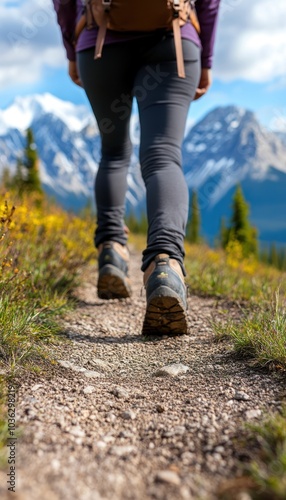 A hiker walks along a dirt path surrounded by mountains and greenery on a sunny day.