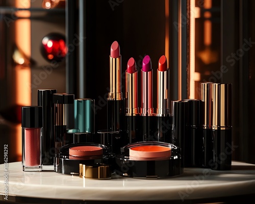 Dramatic display of colorful cosmetics featuring lipsticks in various shades and powder makeup, elegantly arranged on a vanity table, perfect for beauty promotion photo