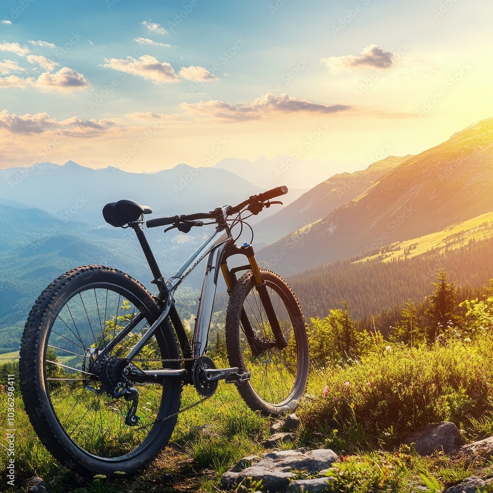 A striking mountain bike positioned against a breathtaking outdoor backdrop, showcasing the essence of adventure and outdoor sports. The vibrant scenery features lush greenery, rugged terrain A striking mountain bike positioned against a breathtaking outdoor backdrop, showcasing the essence of adventure and outdoor sports. The vibrant scenery features lush greenery, rugged terrain