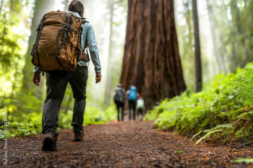 A hiker walks on a forest trail surrounded by towering trees, with fellow adventurers visible in the background amidst lush greenery. A hiker walks on a forest trail surrounded by towering trees, with fellow adventurers visible in the background amidst lush greenery.