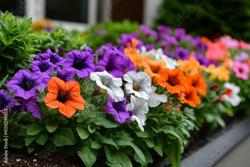 A vibrant garden bed filled with Petunias, their colorful blossoms creating a striking contrast against the green foliage