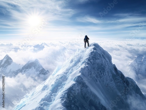 A solo climber stands triumphantly on a snowy peak, surrounded by clouds, under a bright sun, capturing the essence of adventure and achievement.