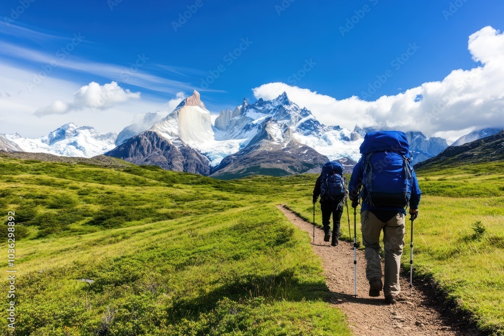 Obraz premium Two hikers trek through lush green terrain towards majestic mountains under a bright blue sky.
