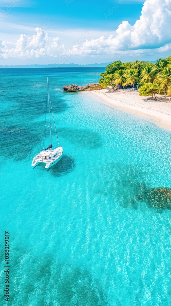 Naklejka premium A serene beach scene featuring a sailboat anchored in crystal-clear turquoise waters, surrounded by lush greenery and a sandy shore.