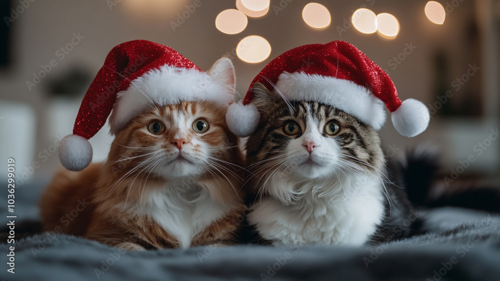 Two adorable cats in festive Santa hats celebrating New Year's Eve at home with twinkling lights Two adorable cats in festive Santa hats celebrating New Year's Eve at home with twinkling lights