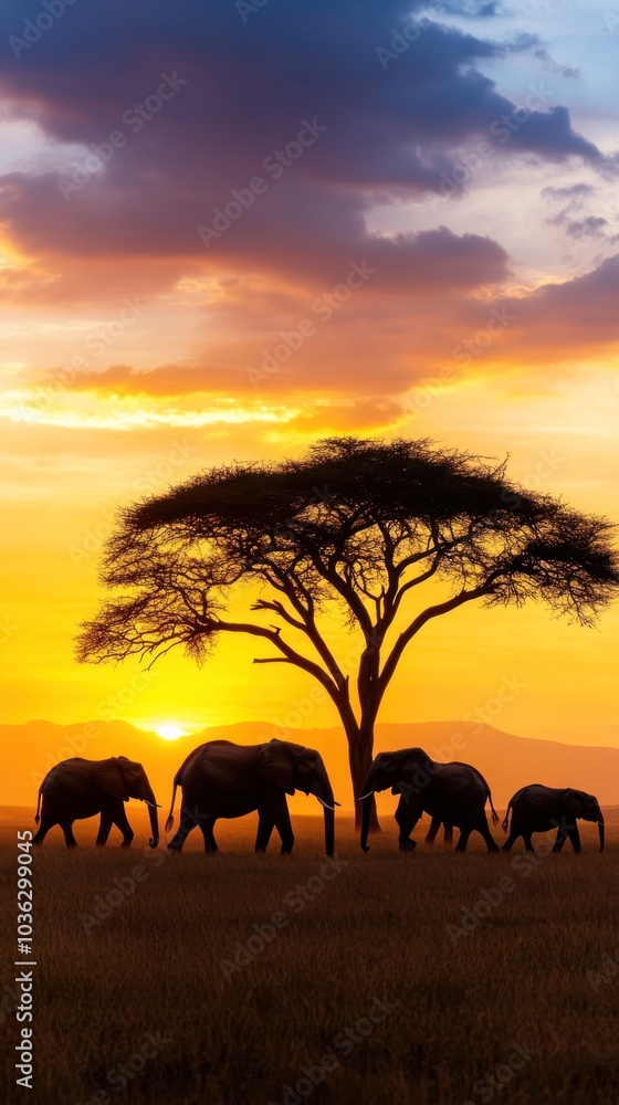 Silhouetted elephants walk beneath a large tree at sunset, casting a serene atmosphere over the savannah landscape.