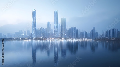 Xiamen blue tone skyline synthesized by particle lines. 