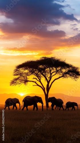 Obraz na płótnie Silhouetted elephants walk beneath a large tree at sunset, casting a serene atmosphere over the savannah landscape. w salonie
