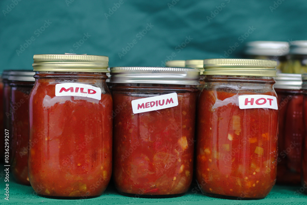 Retro glass jars of homemade salsa at a farmers market. Retro glass jars of homemade salsa at a farmers market.