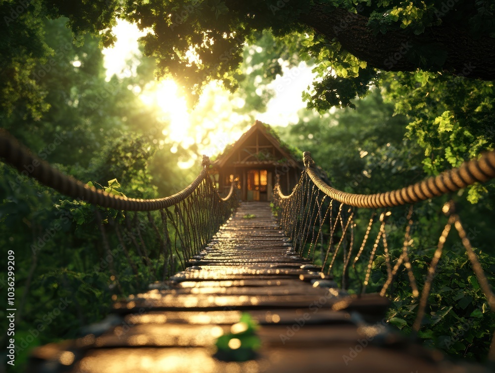 Fototapeta premium A serene, sunlit path leads to a charming treehouse, surrounded by lush greenery and a tranquil atmosphere.