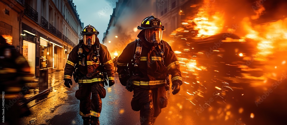 Firefighters responding to a blaze on a rain-soaked street. Firefighters responding to a blaze on a rain-soaked street.