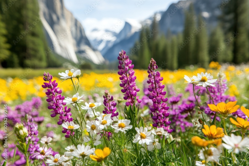 Obraz premium A vibrant meadow filled with colorful wildflowers in bloom, set against majestic mountains and a clear blue sky.