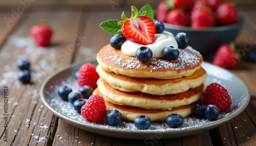  Deliciously stacked pancakes with fresh berries and whipped cream