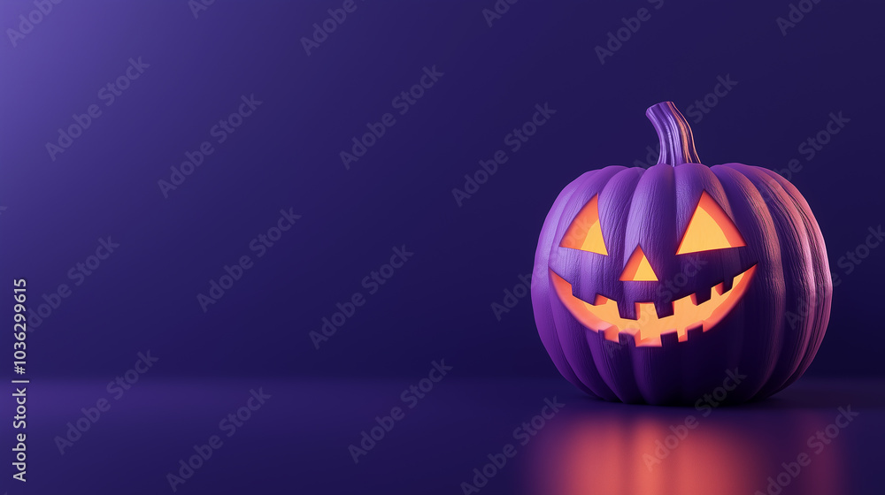 Halloween pumpkin with glowing face on purple background Halloween pumpkin with glowing face on purple background