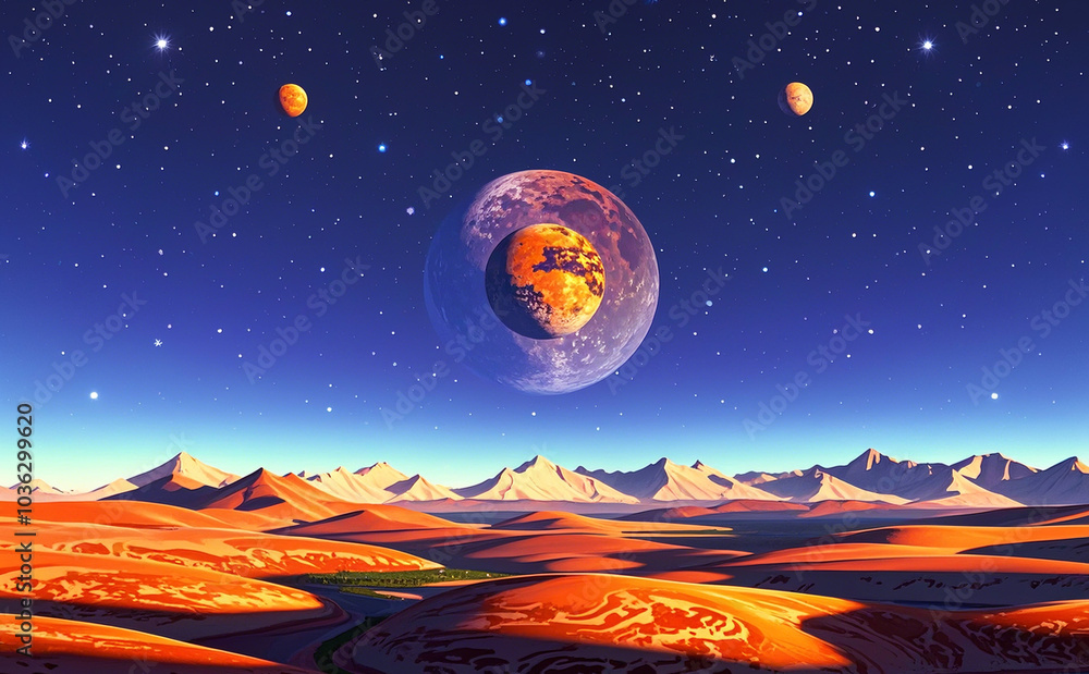 Fototapeta premium An illustration of an alien planet that is unknown to humans on earth; colorful vector illustration of a planet with multiple moons and starts in the skies; concept art; futuristic art; intergalactic 