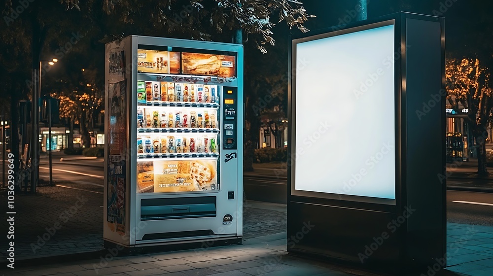 A large, empty white sign next to a high-tech vending machine, waiting for an ad display. A large, empty white sign next to a high-tech vending machine, waiting for an ad display.