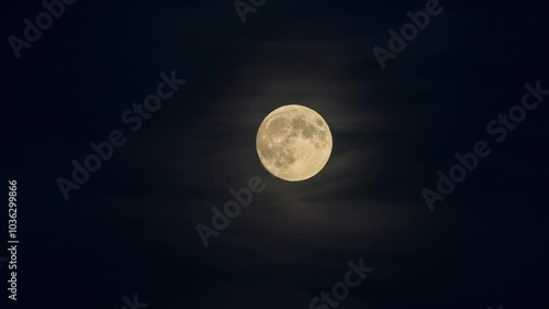 Full moon time lapse video. The moon is moving on the dark night sky. Cirrus clouds are in front of the Earth's satellite.