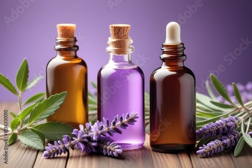 Peppermint oil bottles and lavender, horizontal composition 