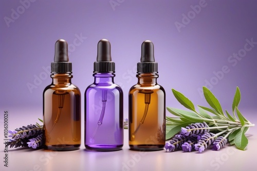 Peppermint oil bottles and lavender, horizontal composition 