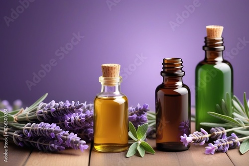 Peppermint oil bottles and lavender, horizontal composition 