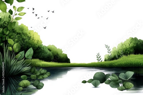 Environment, illustrated in delicate watercolor, showing a tranquil river winding through a forest with animals and plants in peaceful coexistence photo