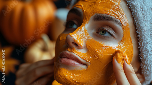 A close-up of a person�s face with a pumpkin-based beauty mask being applied, featuring the rich orange texture of the mask. The background includes pumpkins, fall leaves, and skin photo