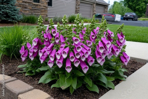 Foxglove flowers blooming at the edge of a garden bed, their delicate shapes swaying in the breeze photo