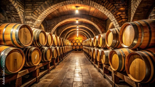 Wooden barrels with aging wine in a dimly lit wine vault , wine, barrels, cellar, vault, storage, aging, cellarage, winery