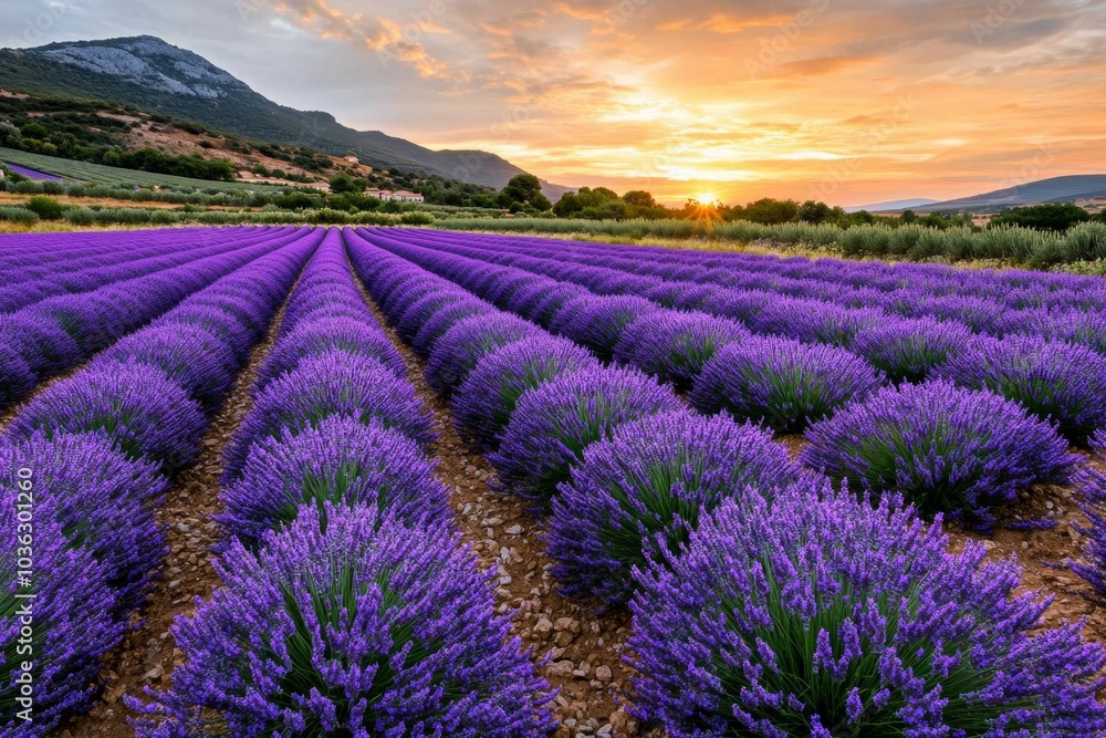 Obraz premium Lavender fields in Provence, with rows of purple flowers stretching into the distance, under a warm, golden sunset