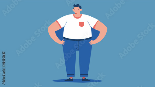 With a newfound confidence a man wears a pair of jeans that used to be too tight for him a sign of progress in his weight loss journey.. Vector illustration